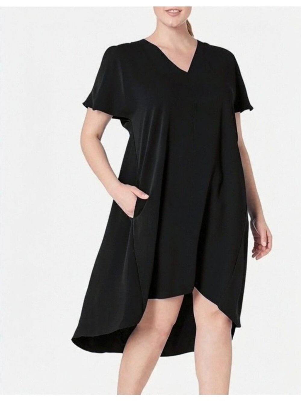 Rachel Roy Black Coretta Hi-Low Shift Dress with Pockets Size M Cold Shoulder